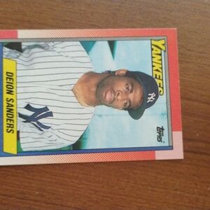 Deion Sanders Topps Yankees Card with Red and Blue Accents